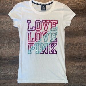 PINK Victoria’s Secret “LOVE” Bling White/Pink/Blue T-Shirt Women’s Size Small